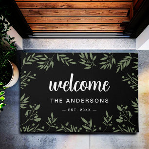 Welcome Black Elegant Green Foliage Personalised  Doormat