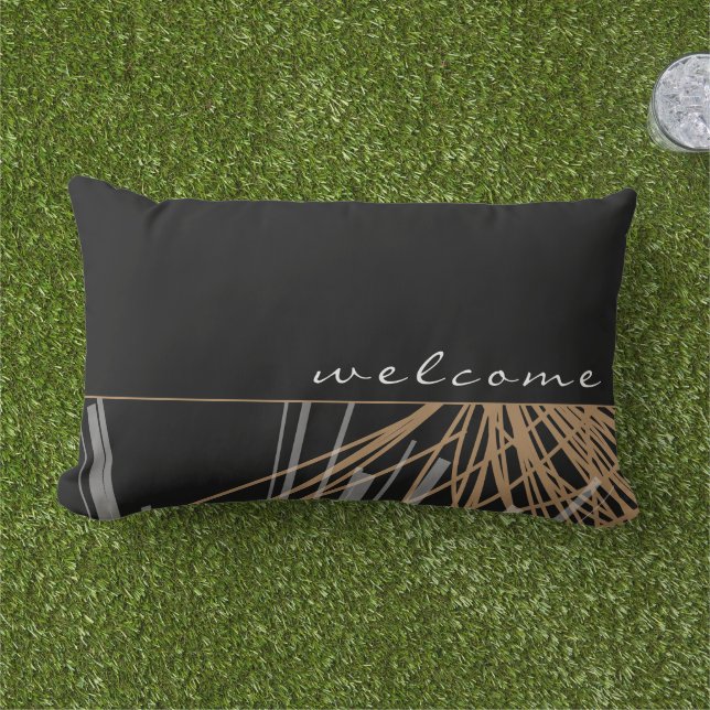 Welcome | Black Gold & White Abstract Ribbons Lumbar Cushion (Grass)