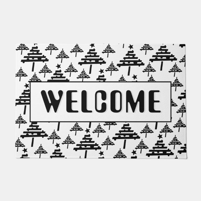 Welcome Black White Christmas Tree Pattern  Doormat (Front)