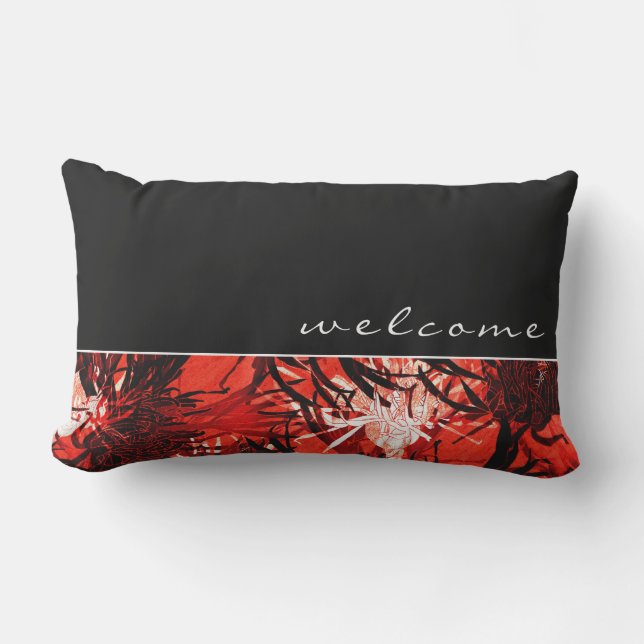 Welcome | Black White & Red Abstract Floral Lumbar Cushion (Front)