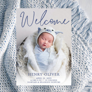 Welcome Blue Photo Birth Announcement