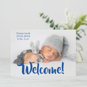 Welcome Blue Photo Script Personalise Boy Birth Announcement