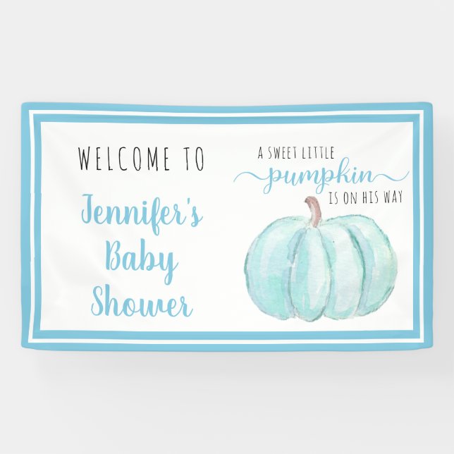 Welcome Blue Sweet Little Pumpkin Baby Shower Banner (Horizontal)