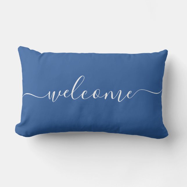 Welcome Blue & White Quote Calligraphy Typography Lumbar Cushion (Front)
