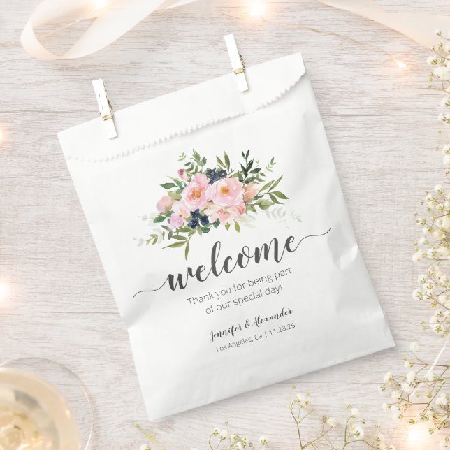Welcome Blush Pink and Blue Flowers Favour Bags (Clipped)