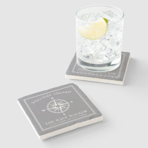 Welcome Boat Message   Nautical Compass Grey Stone Coaster