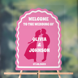 Welcome Bold Pink Magenta Retro Wavy Arch Wedding Acrylic Sign