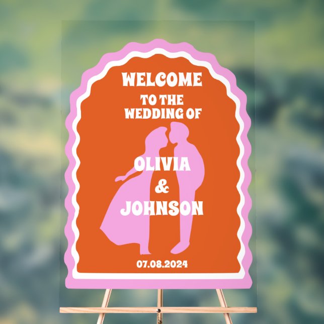 Welcome Bold Pink Orange Retro Wavy Arch Wedding Acrylic Sign (Neutral)