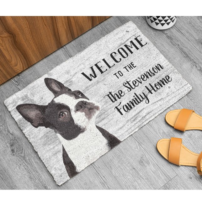 Welcome Boston Terrier Dog Animal Family Name Home Doormat (Creator Uploaded)