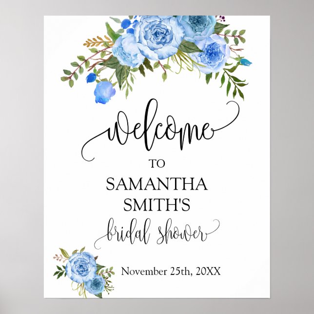 Welcome Bridal Shower Blue Floral Wedding sign (Front)