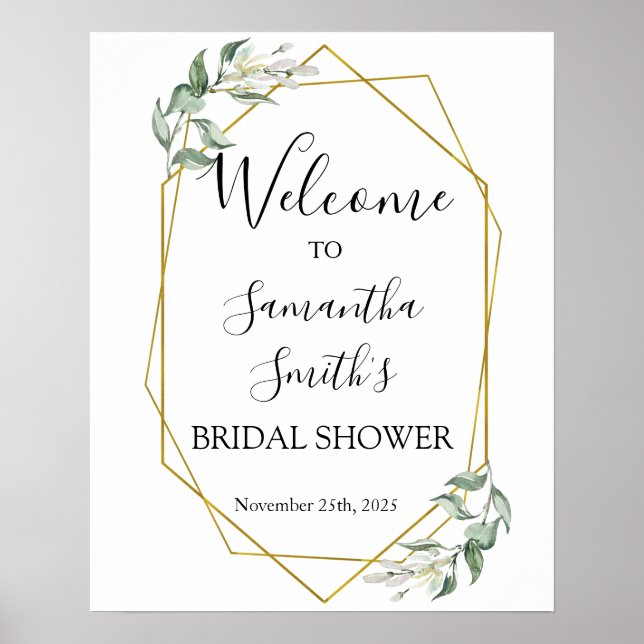 Welcome bridal shower greenery gold wedding sign (Front)