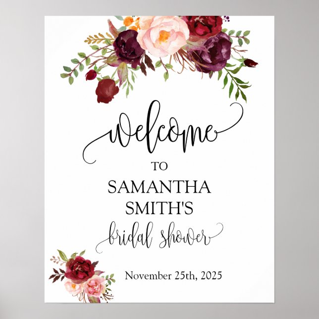Welcome bridal shower marsala floral wedding sign (Front)