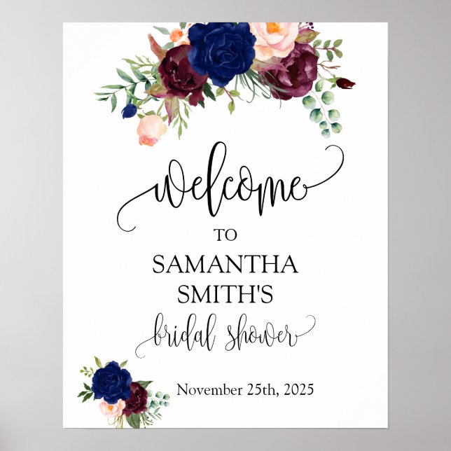 Welcome bridal shower navy marsala floral wedding poster (Front)