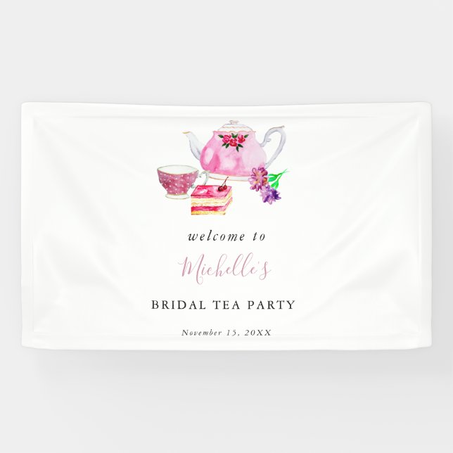 Welcome Bridal Shower Tea Party Pink Watercolor Banner (Horizontal)