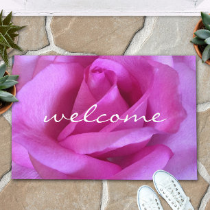 "Welcome" Bright Purple Pink Rose Close-up Photo Doormat