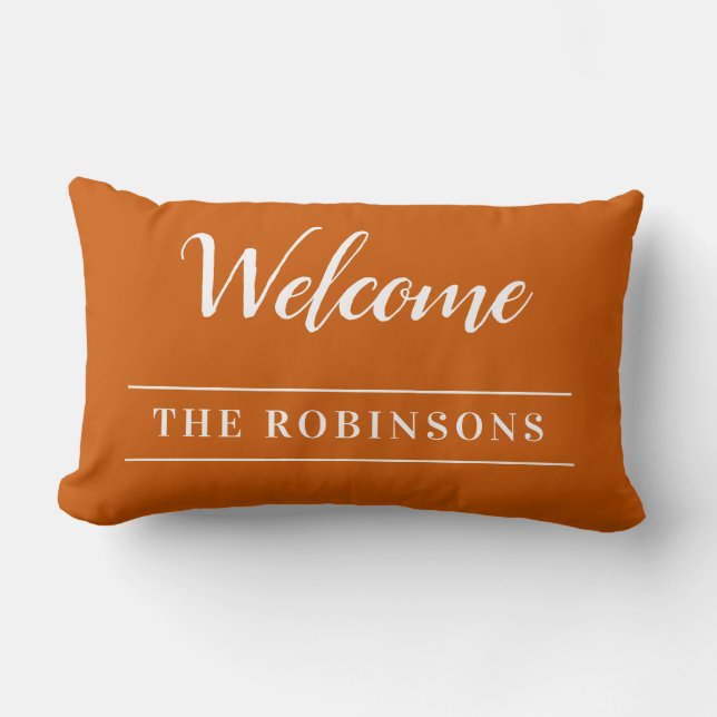 Welcome Burnt Orange Personalised Family Name Lumbar Cushion (Front)