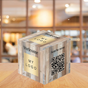 Welcome business logo QR code driftwood menu table Cube