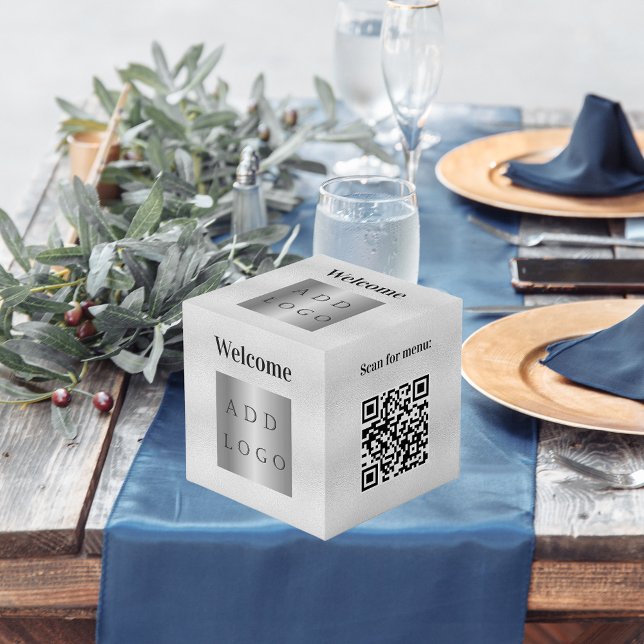 Welcome business logo QR code silver menu table Cube (Creator Uploaded)