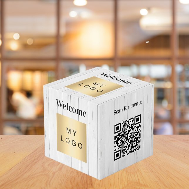 Welcome business logo QR code wood menu table Cube (Creator Uploaded)