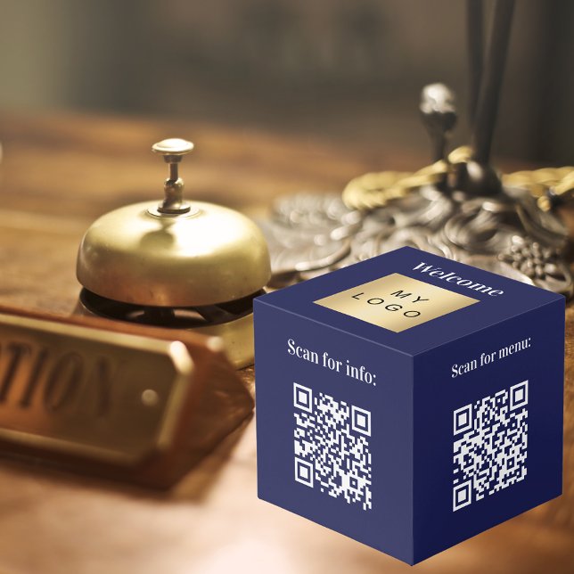 Welcome business logo QR codes blue info table Cube (Creator Uploaded)