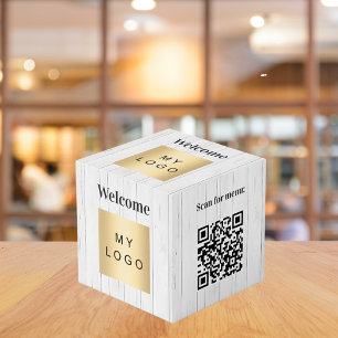 Welcome business logo QR codes wood info table Cube