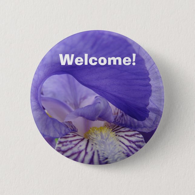 WELCOME! buttons Purple Iris Flowers button (Front)