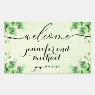 Welcome Calligraphy Eucalyptus Botanic Green Rectangular Sticker