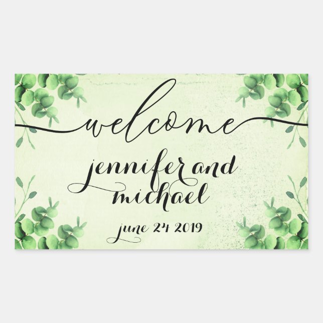 Welcome Calligraphy Eucalyptus Botanic Green Rectangular Sticker (Front)