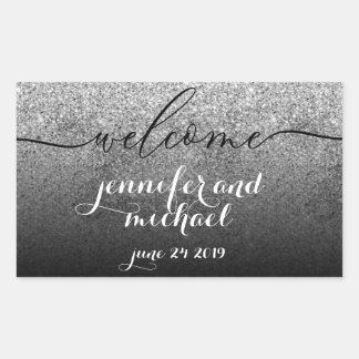 Welcome Calligraphy Glitter Silver Rectangular Sticker