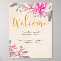 Welcome Calligraphy Pink Poinsettia Beverage Table
