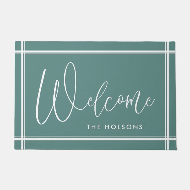 Welcome Calligraphy Script Last Name Turquoise Doormat (Front)