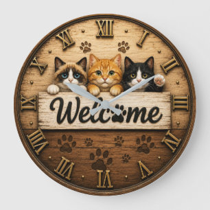 Welcome Cats Cute Trio of Kittens Rustic Farmhouse Large Clock