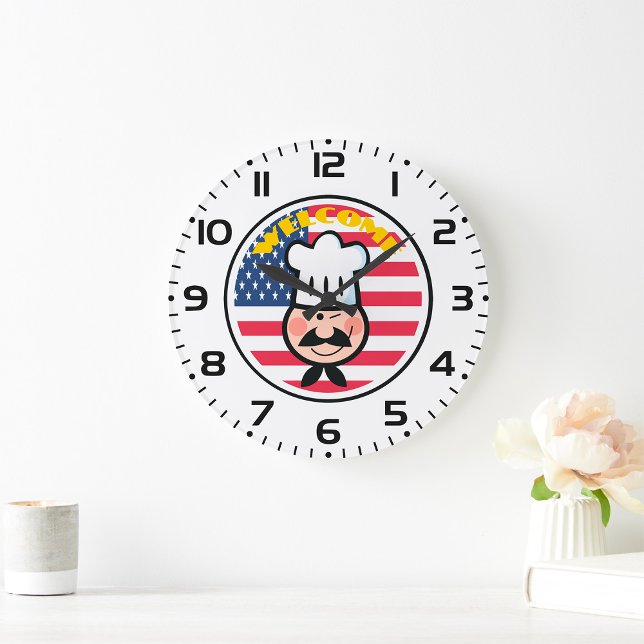 Welcome Chef With American Flag  Large Clock (Creator Uploaded)