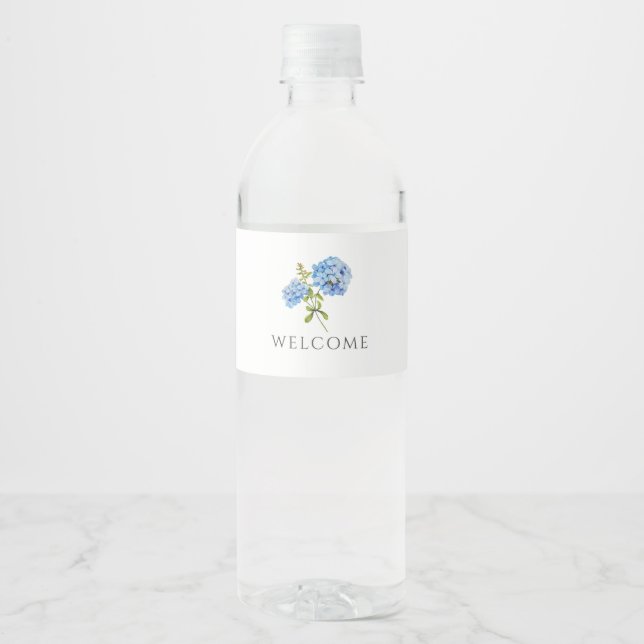 Welcome | Chic Blue Hydrangea Wedding Water Bottle Label (Front)