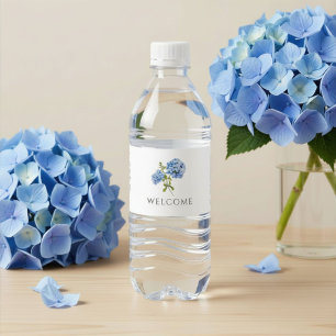 Welcome Chic Blue Hydrangea Wedding Water Bottle Label