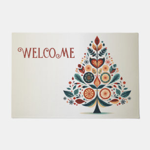 Welcome Christmas Colourful Tree Scandinavia Folk  Doormat