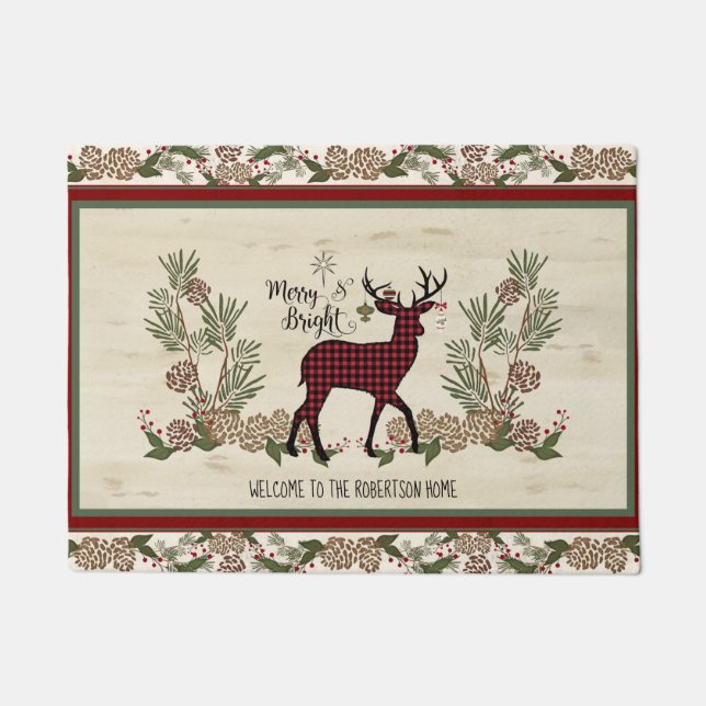 Welcome Christmas Merry and Bright Rustic Deer Doormat (Front)