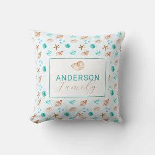 Welcome Coastal Seashells Beach House Family Name Cushion
