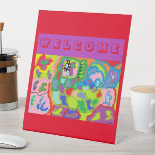 WELCOME COLOR RED PURPLE GREEN GREETINGS PEDESTAL SIGN