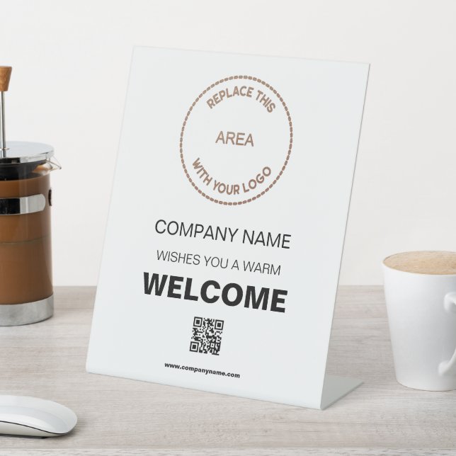 Welcome Company Your Logo QR Code white Pedestal Sign (In SItu)