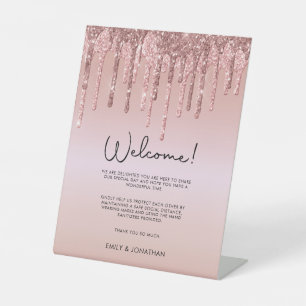Welcome COVID Safety Wedding Rose Gold Glitter Pedestal Sign