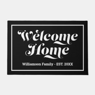Welcome Custom Family Name Script Black & White Doormat