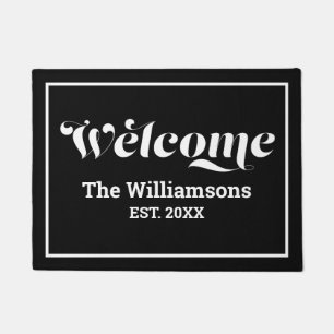 Welcome Custom Family Name Script Black & White Doormat