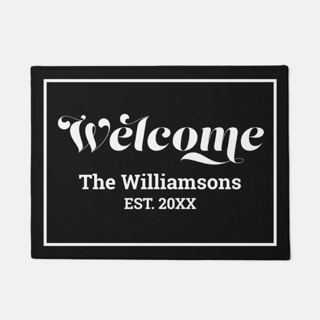 Welcome Custom Family Name Script Black & White Doormat (Front)