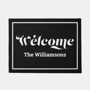 Welcome Custom Family Name Script Black & White Doormat