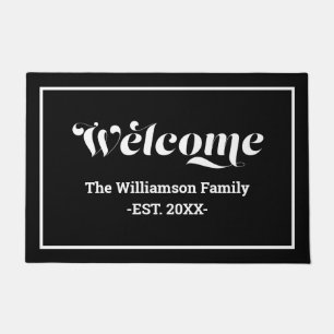 Welcome Custom Family Name Script Black & White Doormat