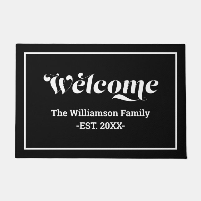 Welcome Custom Family Name Script Black & White Doormat (Front)