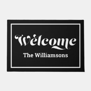Welcome Custom Family Name Script Black & White Doormat