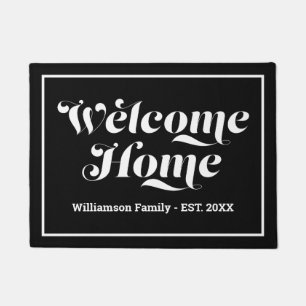 Welcome Custom Family Name Script Black & White Doormat