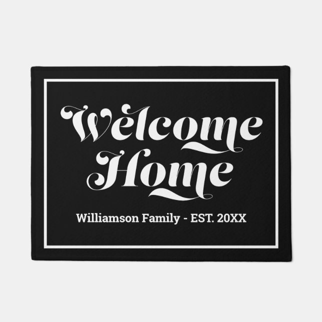 Welcome Custom Family Name Script Black & White Doormat (Front)